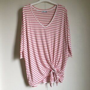 Dex Half Sleeve Tie Hem Red Candy Pinstripe Bamboo Top
